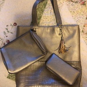 Pewter tote with  matching makeup bag and wallet